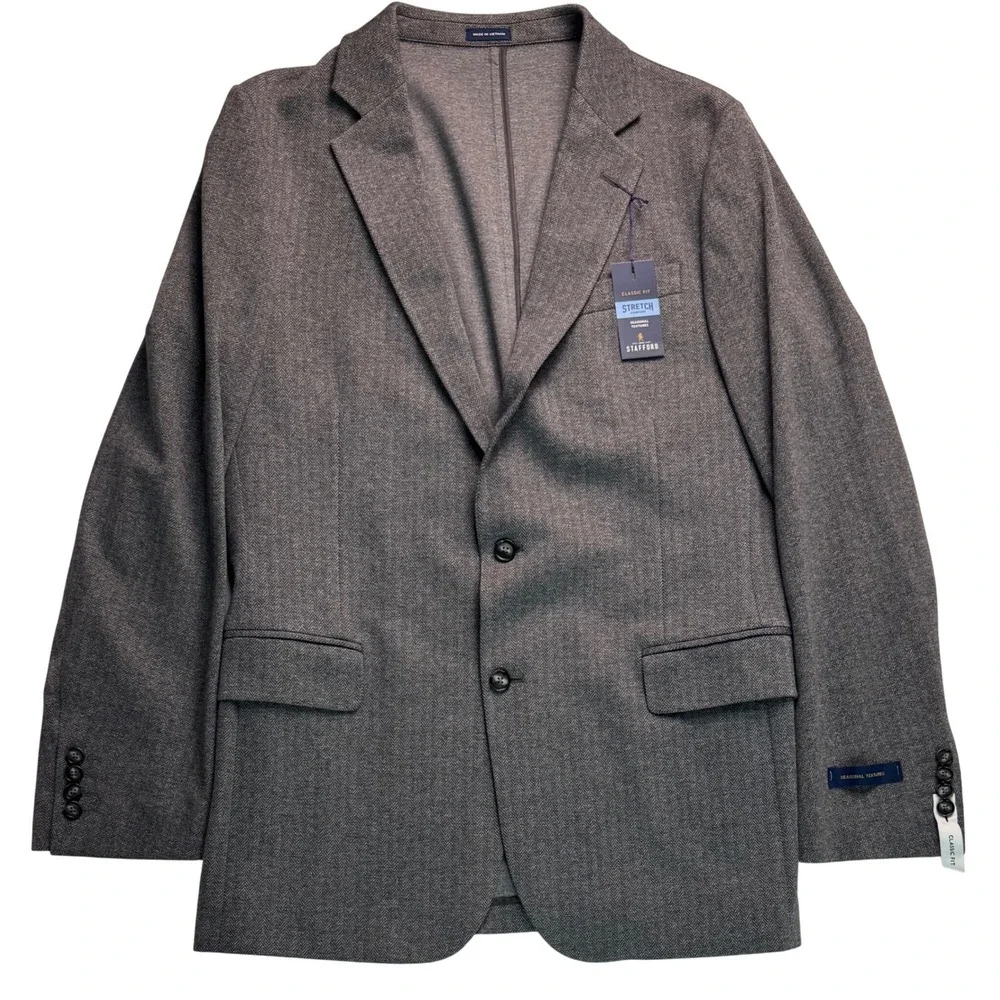 Stafford Mens 42L Classic Fit Stretch Blazer Charcoal Herringbone Sport Coat NEW